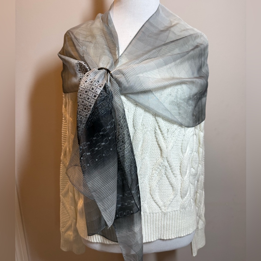 Long Satin Lightweight Fashion Gray Striped Multicolor Scarf Shawl 61” x 13.4”